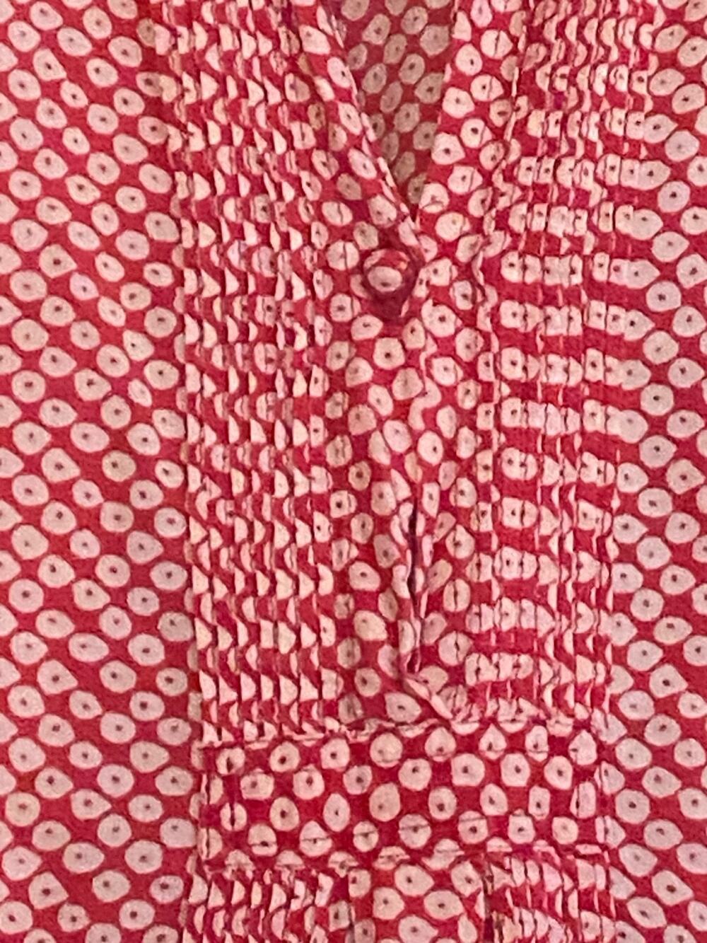 Vintage ANOKHI Indian Cotton Pin Tuck Tunic Top XL Red / White Bandhani Ikat Dye